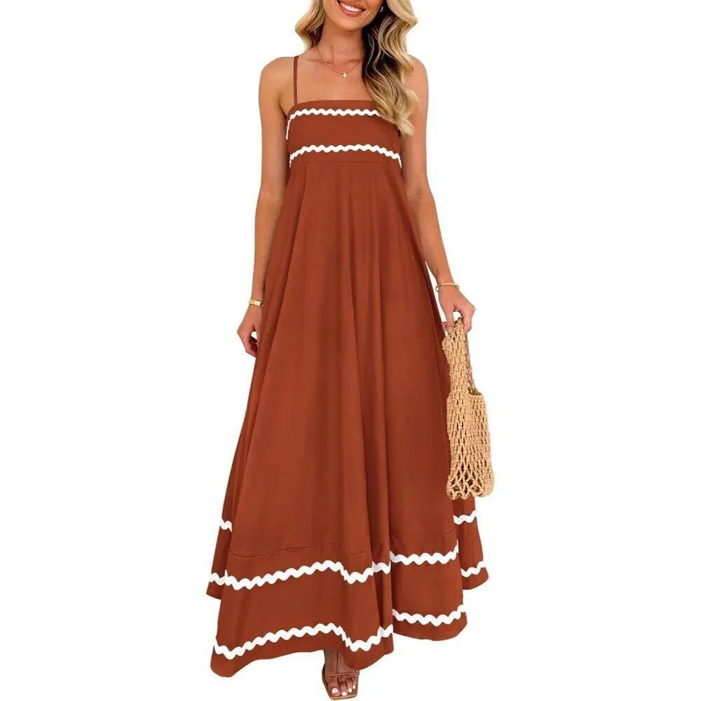 Women's Rust Casual Sleeveless Spaghetti Strap Ruffle Beach Maxi Dress